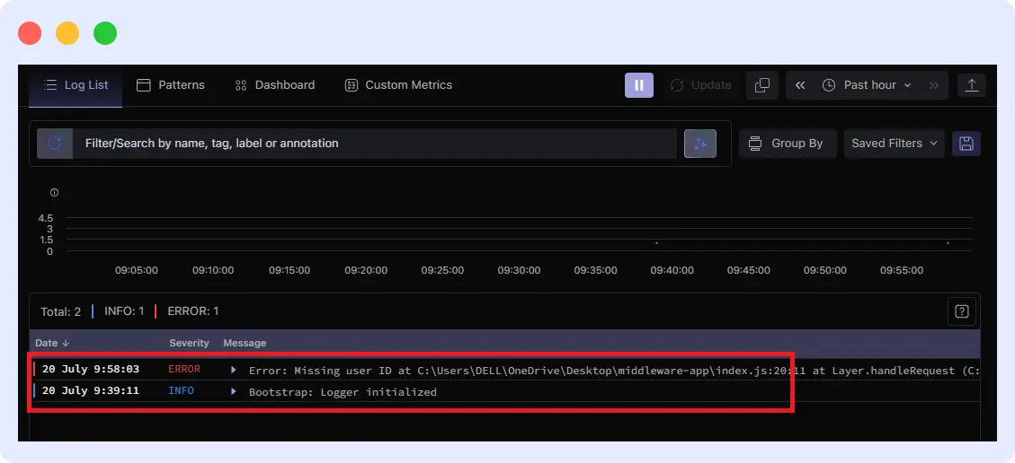 Middleware instantly detects this exception with complete erors in Nodejs app