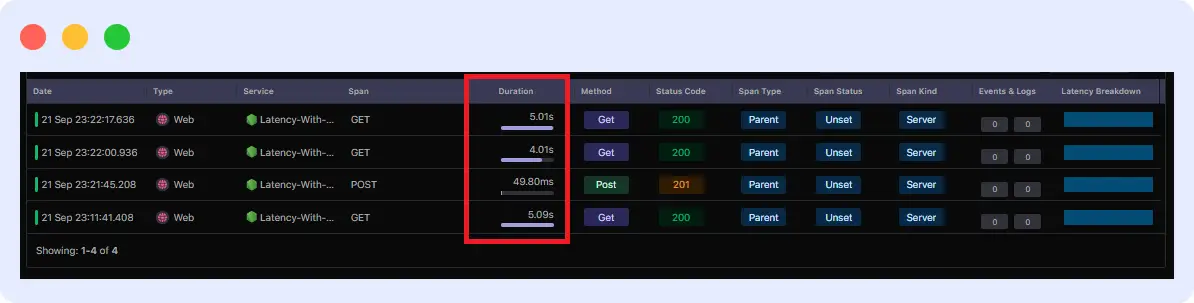 Middleware APM showing individual API requests and response times