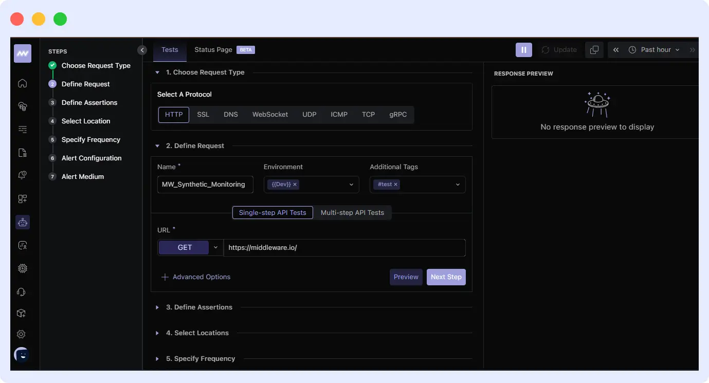 Middleware synthetic monitor setup screen showing name, environment, tags, test configuration, locations, and alert settings