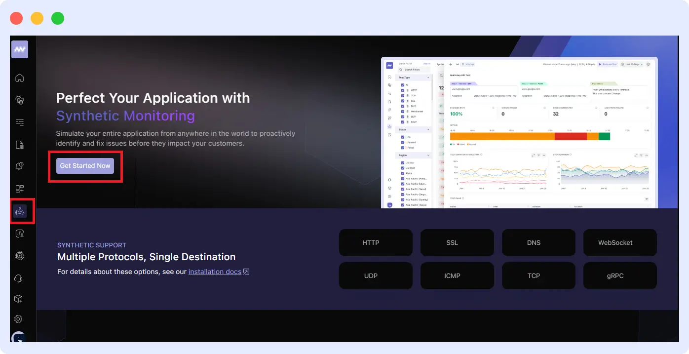 Middleware dashboard showing setup of a synthetic monitor for multiple protocols
