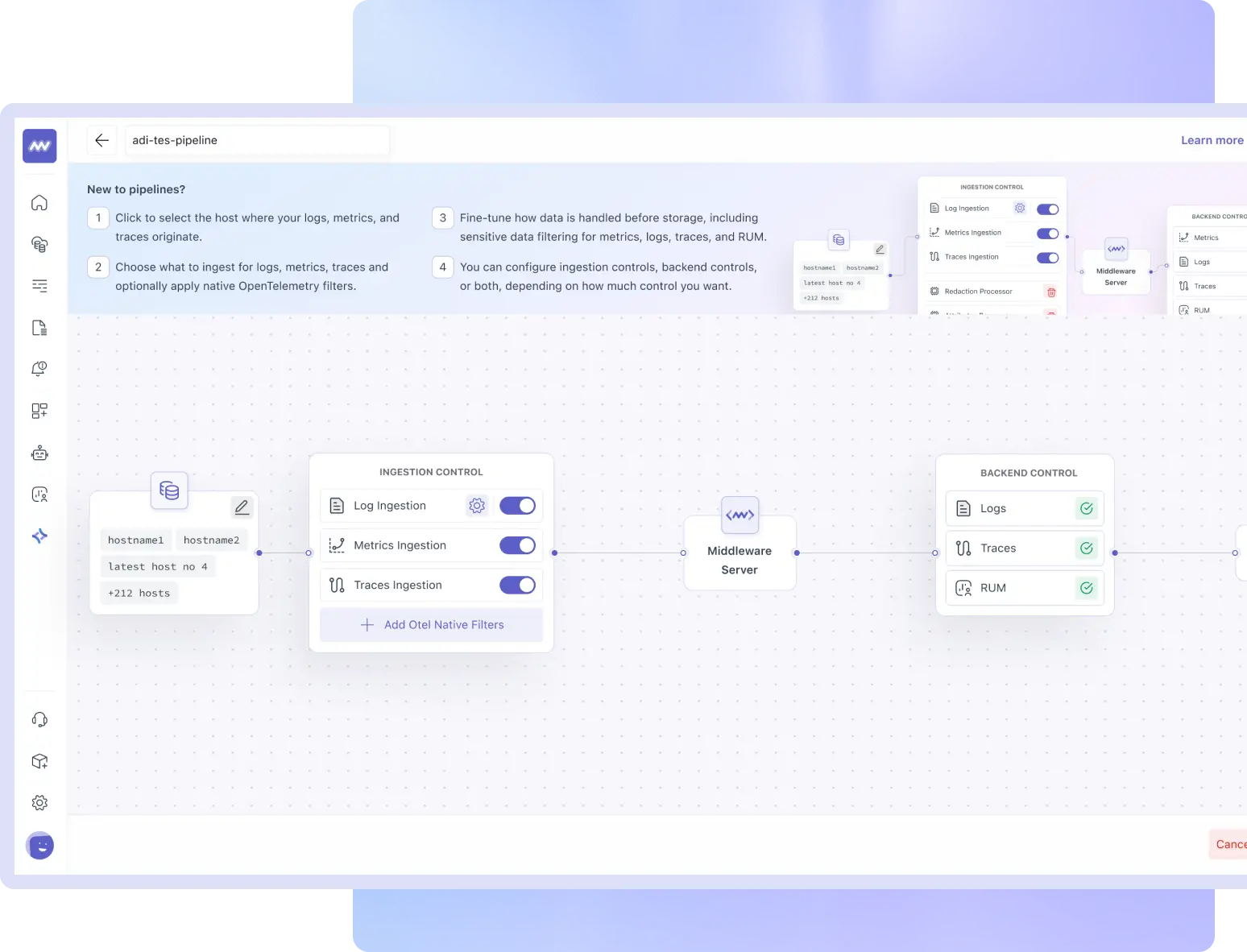 Middleware observability pipeline architecture for managing telemetry data